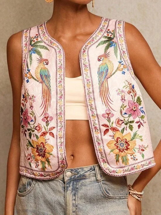 Multicolor Boho Women's Floral Embroidered Open Front Lightweight Vest Jacket - Picture 4 of 6